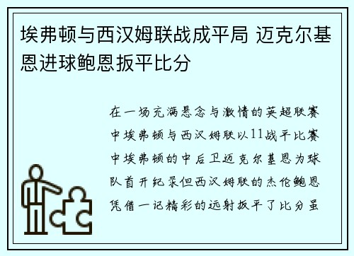 埃弗顿与西汉姆联战成平局 迈克尔基恩进球鲍恩扳平比分